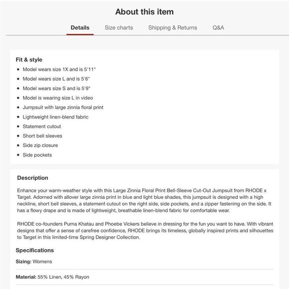 RHODE x Target Large Zinnia Floral Print Bell Sleeve Cut Out Jumpsuit Sz XXL NWT - Picture 9 of 12